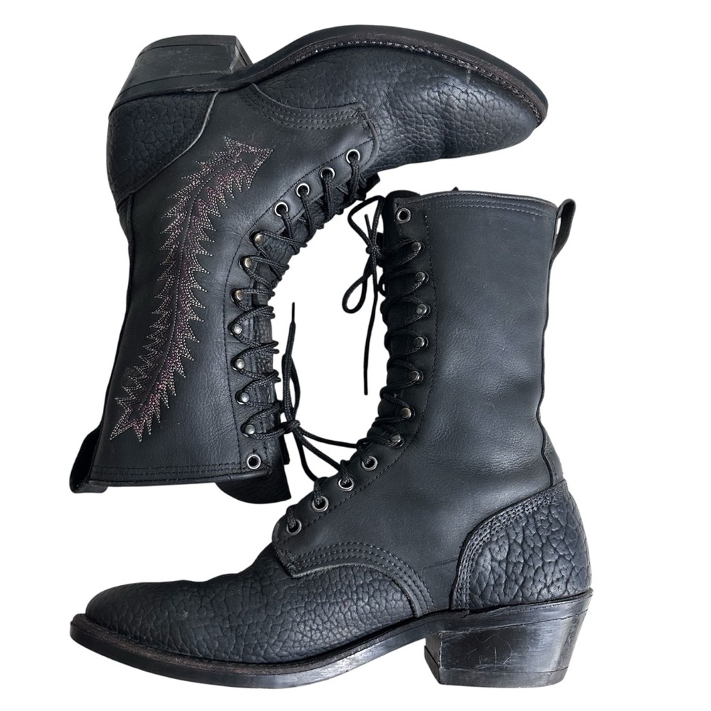 Dark Cowboy Ethel Cain-Style Black REAL Leather Unique Lace-Up Embroidered Boots - Picture 8 of 13